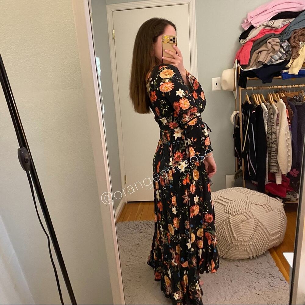 FARM Rio Brazil Black Floral Wrap Front Long Sleeve Maxi Dress Tropical XS - Picture 13 of 16